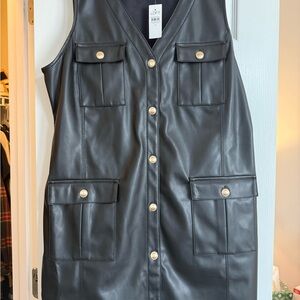 Black Faux Leather Dress with Gold Buttons